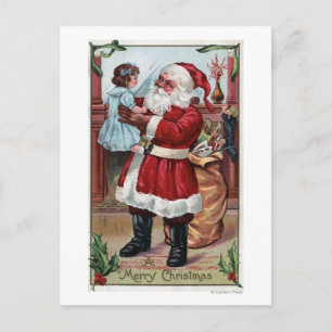 Cartão Postal De Festividades Um Natal Feliz, uma garota segura em azul