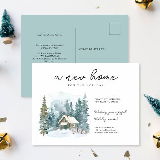 Cartão Postal De Festividades Um Novo Lar Inverno Aquarela Cabana Script Mudança