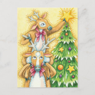 Cartão Postal De Festividades Uma bela rena de Natal com estrela de árvore de N