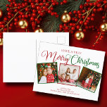 Cartão Postal De Festividades Uma Colagem de Fotos de Natal Muito Feliz 3<br><div class="desc">Tenham um cartão postal de 3 fotos de Natal muito feliz com uma bela caligrafia em vermelho e verde. Estes cartões postais de fotografias da família de três feriados modernos apresentam uma escrita magnífica e o vosso nome sob a festiva colagem de imagens quadradas.</div>