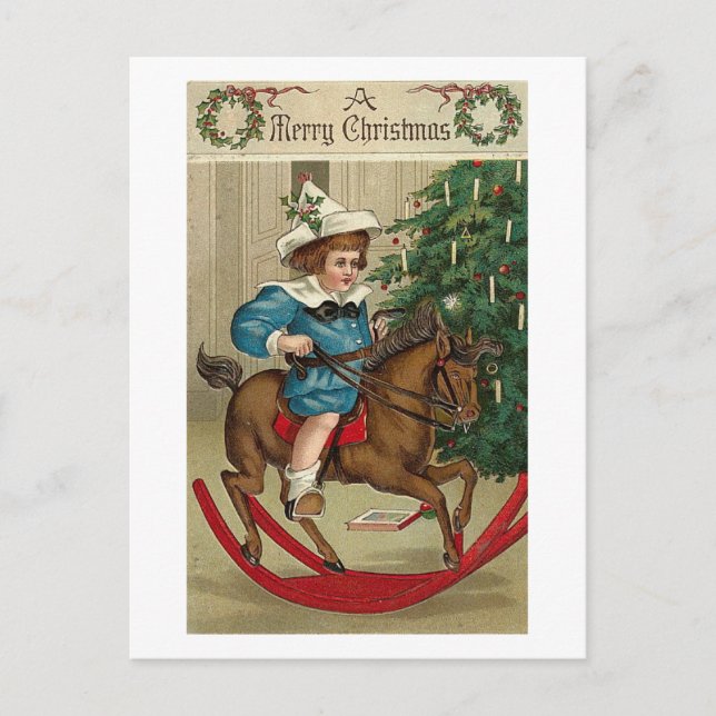 Cartão Postal De Festividades Uma Feliz Criança de Natal e Cavalo Fogueiro (Frente)
