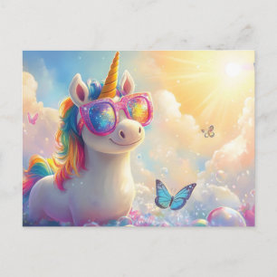 Cartão Postal De Festividades Unicórnio Fofo com Óculos de Sol: Mágico e Diverti