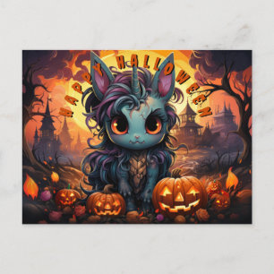 Cartão Postal De Festividades Unicórnio Spoky do Halloween no Patch da Pumpkin