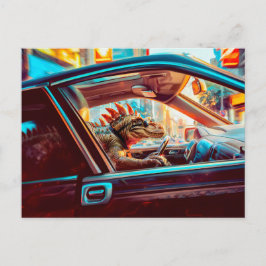 Cartão Postal De Festividades Urbano Dino Dirigindo Através Da Cidade De Neon