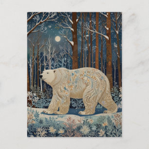 Cartão Postal De Festividades Urso branco retrógrado boho floresta de inverno