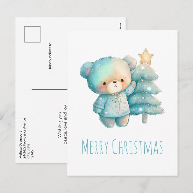 Cartão Postal De Festividades Urso Cinto e Árvore de Natal (Frente/Verso)