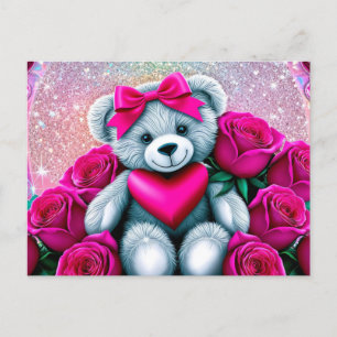 Cartão Postal De Festividades Urso de dia de os namorados com Rosas