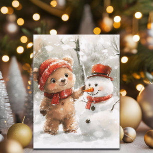 Cartão Postal De Festividades Urso de pelúcia e boneco de neve
