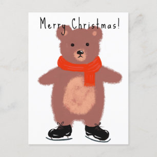 Cartão Postal De Festividades Urso engraçado nos skates de inverno