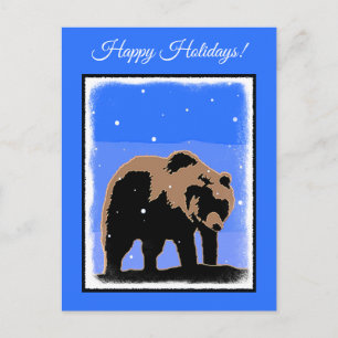 Cartão Postal De Festividades Urso Grizzly no inverno - Arte original sobre a vi