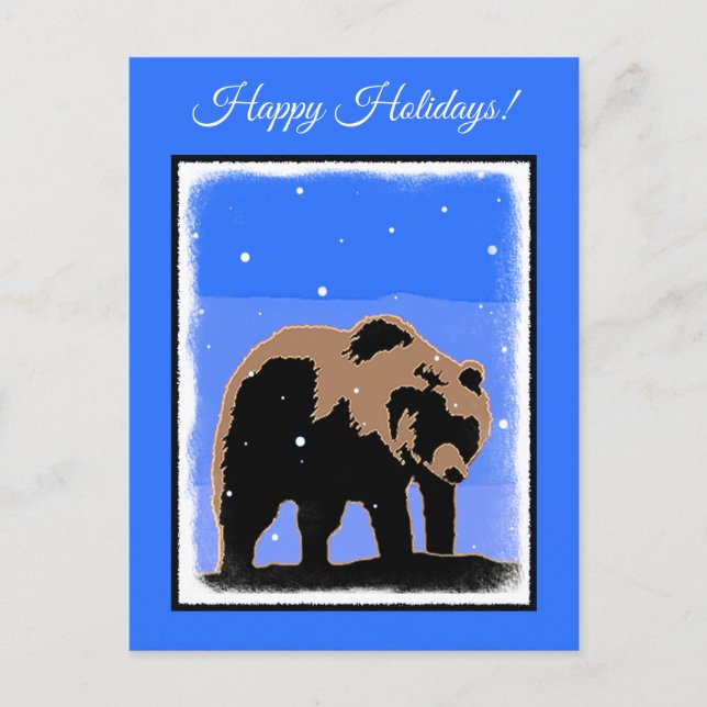 Cartão Postal De Festividades Urso Grizzly no inverno - Arte original sobre a vi (Frente)