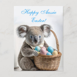 Cartão Postal De Festividades Urso Koala segurando uma cesta com ovos de Páscoa