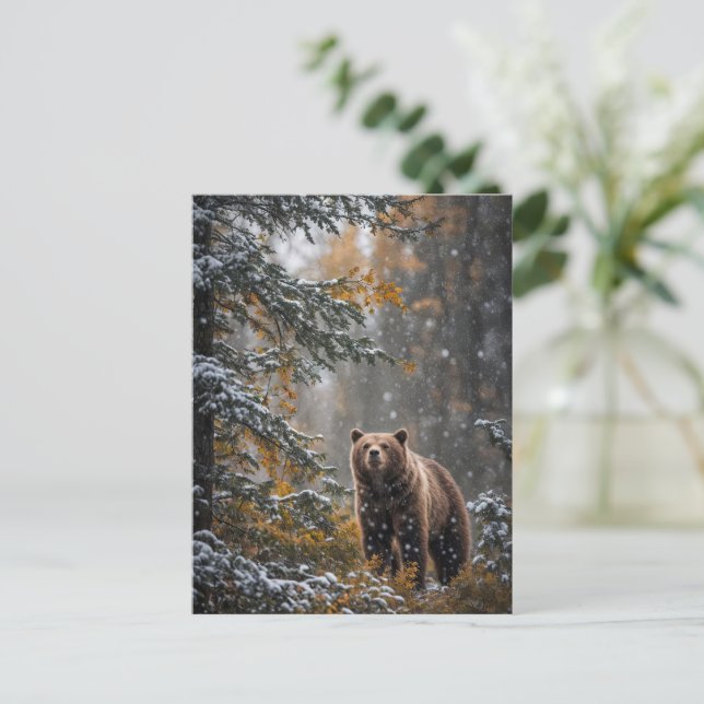 Cartão Postal De Festividades Urso nas Feiras de Natal em Neve Saudações (Em pé/Frente)