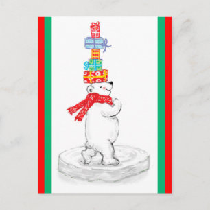 Cartão Postal De Festividades Urso Polar com Presentes de Natal