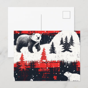 Cartão Postal De Festividades Urso Polar das Xadrezes de Buffalo Vermelho