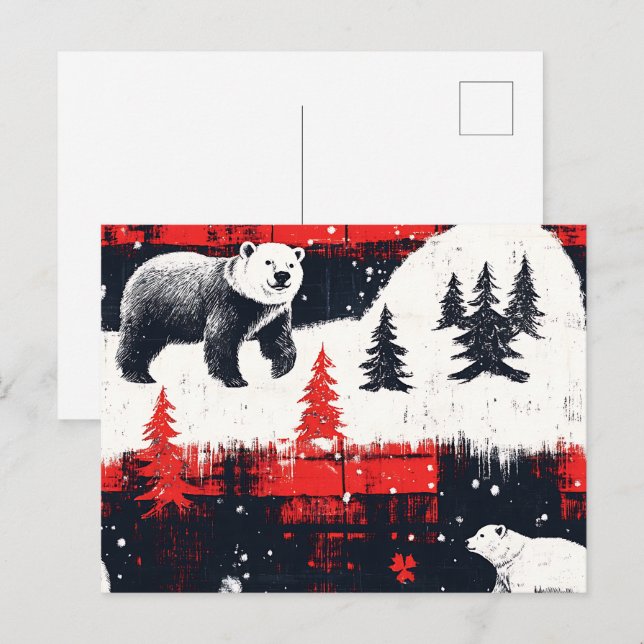 Cartão Postal De Festividades Urso Polar das Xadrezes de Buffalo Vermelho (Frente/Verso)