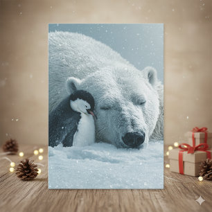Cartão Postal De Festividades Urso polar e Pinguim Natal Férias