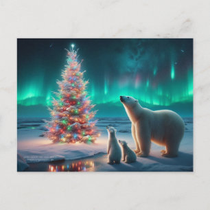 Cartão Postal De Festividades Urso Polar Mãe Cubs Árvore De Natal Aurora Boreali