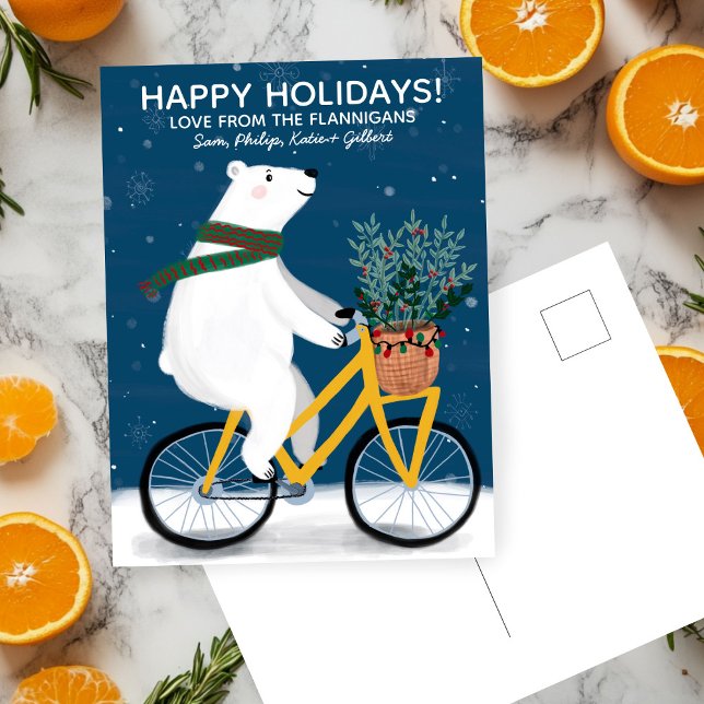 Cartão Postal De Festividades Urso Polar Personalizado de Natal em Bicicleta (Polar Bear on Bike Cute Christmas Custom Holiday Postcard - add your own text
)