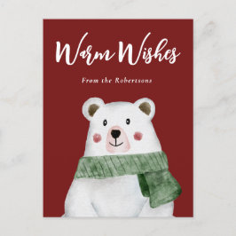 Cartão Postal De Festividades Urso Polar Vestindo Scarf Verde Deixar nevar