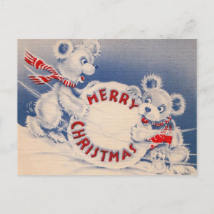 Cartão Postal De Festividades Ursos Lindos Vintage Bola de Neve Feliz Natal 