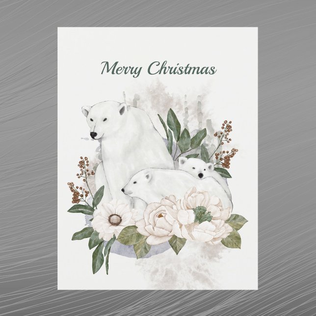 Cartão Postal De Festividades Ursos Polares Brancos de Natal Aquarela Floral (Criador carregado)