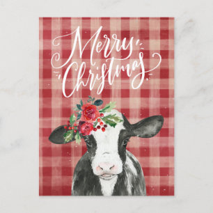Cartão Postal De Festividades Vaca de Natal da Xadrez Vermelha