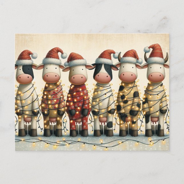 Cartão Postal De Festividades Vacas com as luzes de Natal do Santa Hat (Frente)