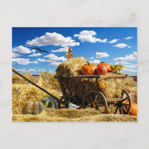 Cartão Postal De Festividades Vagão de Palha de Ação de Graças no Campo