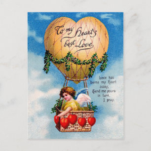 Cartão Postal De Festividades Valentine Fairy in Heart Shaped Hot Air Balloon