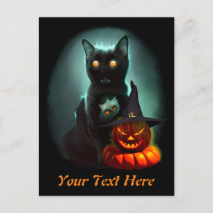 Cartão Postal De Festividades Vampiro Gato e Mágico Pumpkin Halloween Surreal