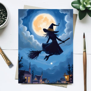 Cartão Postal De Festividades Vassoura de Bruxa ao Luar Halloween Aquarela
