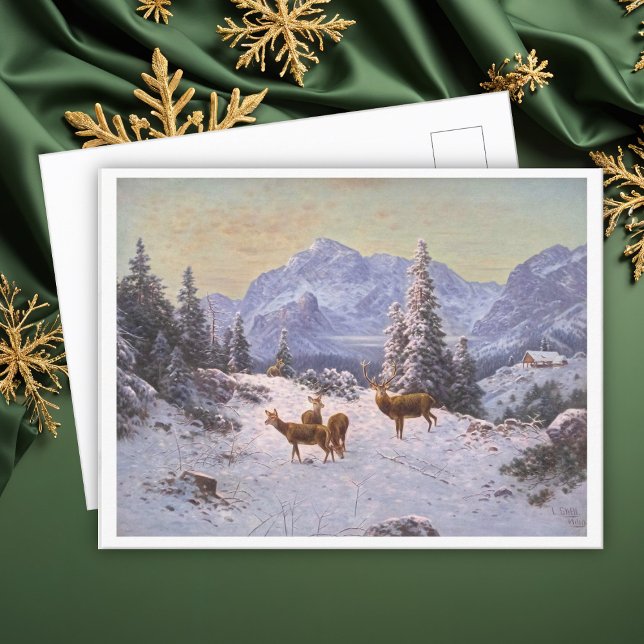 Cartão Postal De Festividades Veado com rebanho de Arte de Inverno (Criador carregado)