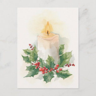 Cartão Postal De Festividades Vela de Aquarela Quente e Azevinho
