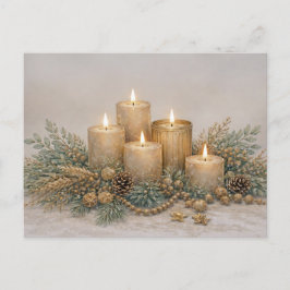 Cartão Postal De Festividades Vela de Natal em Aquarela Neutra e Evergreen
