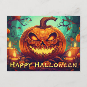 Cartão Postal De Festividades Velas de Abóbora Dentada Brilham Arte de Halloween