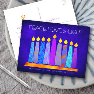 Cartão Postal De Festividades Velas Modernas Boho de Hanukkah Azul Paz Amor Luz