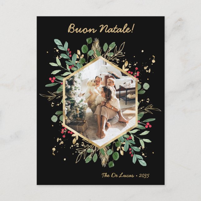 Cartão Postal De Festividades Verde Botânico Moderno Foto Buon Natale (Frente)