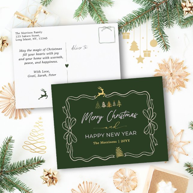 Cartão Postal De Festividades Verde: Cartão-postal de Festa de Arco Festivo e Po (Green: Festive Bow & Tree Doodles Holiday Postcard)