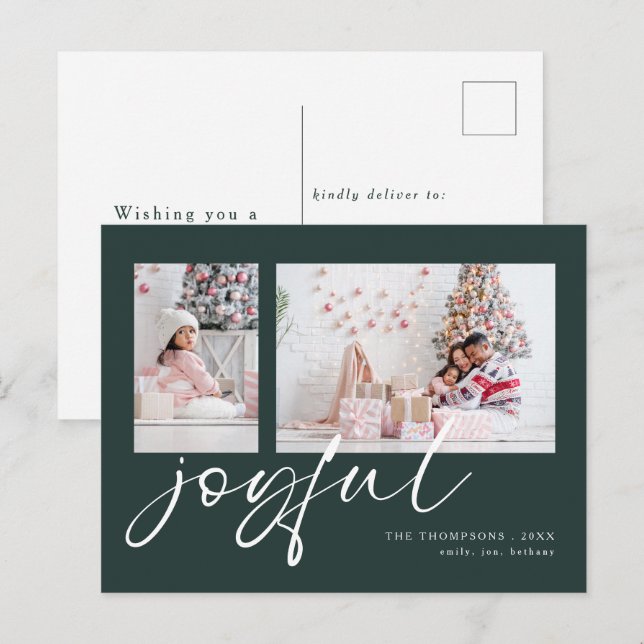 Cartão Postal De Festividades Verde de Natal de Script Joyful Fotográfico Modern (Frente/Verso)