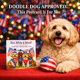 Cartão Postal De Festividades Vermelho Branco & Latido Cão Patriótico Doodle 4 d