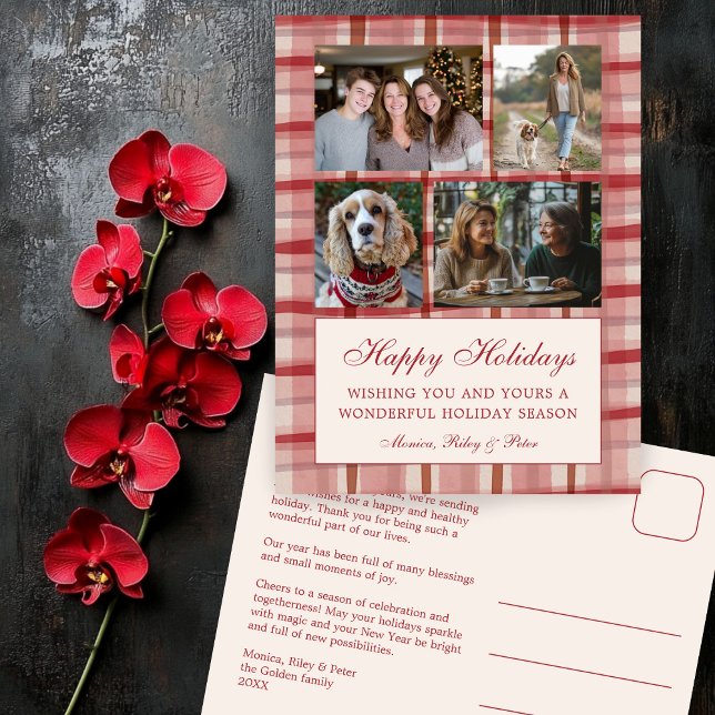 Cartão Postal De Festividades Vermelho de Colagem de Fotografias Personalizada n (Chic Preppy Watercolor Plaid Christmas Custom 4 Photo Collage Red Holiday Postcard
)