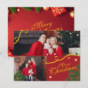 Cartão Postal De Festividades Vermelho e Dourado Foto Família Feliz Natal Feliz