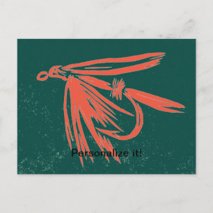 Cartão Postal De Festividades Vermelho em verde, mosca molhada pescando mosca-vo