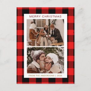 Cartão Postal De Festividades Vermelho Rústico Plaid Búfalo 2 Fotos Natal Famíli