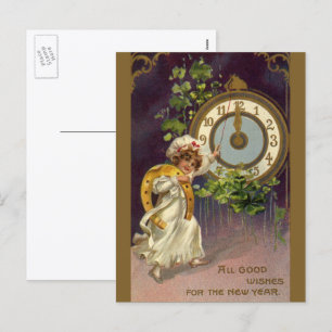 Cartão Postal De Festividades Véspera de ano novo Vitoriana Vintage, Relógio 