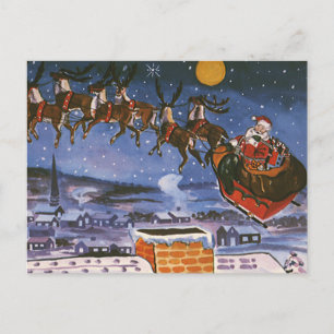 Cartão Postal De Festividades Véspera de Natal Vintage, Papai Noel Voando Trenó