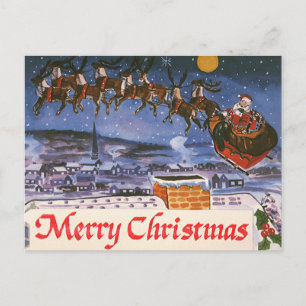 Cartão Postal De Festividades Véspera de Natal Vintage, Papai Noel Voando Trenó