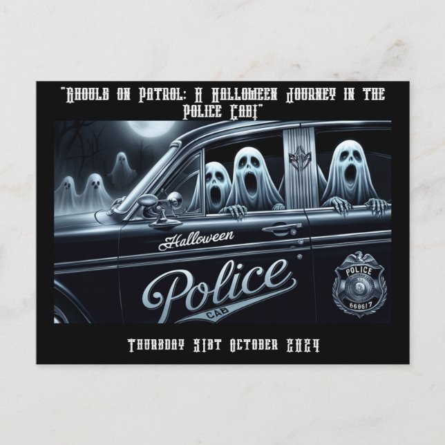 Cartão Postal De Festividades Viagem de Halloween no táxi da Polícia (Frente)