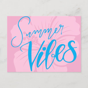 Cartão Postal De Festividades Víblias de Verão com Flor de Hibiscus - Rosa e Azu